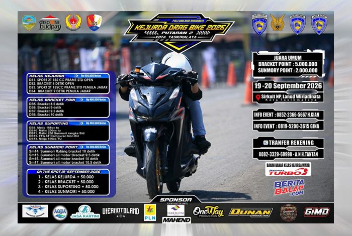 Kejurda Drag Bike Jabar 2026 Putaran 2 Lanjut Tasikmalaya (19-20 Sept), Berikut Informasinya…!